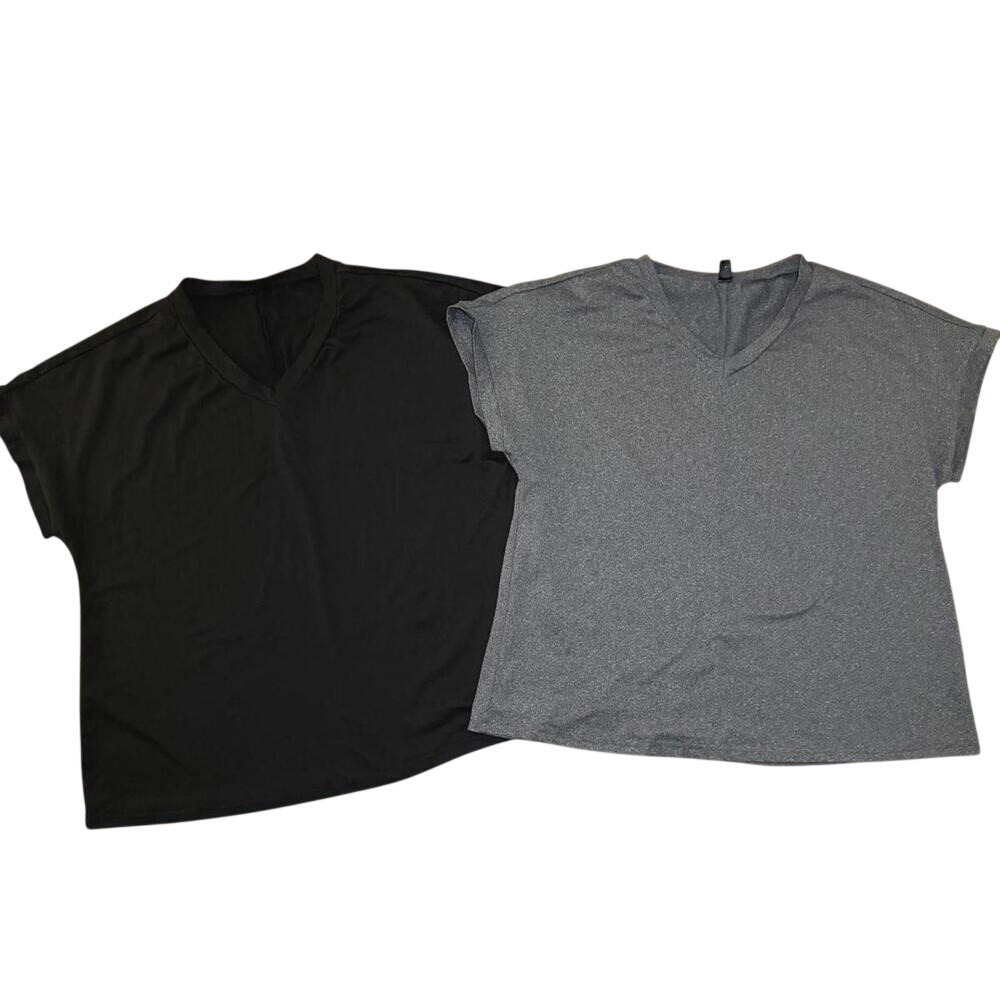 Shein Curve Womens 1XL V-Neck T-Shirt Bundle Black Grey Active Top 2 Pack